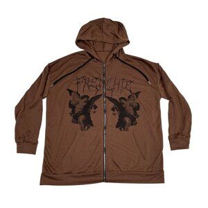Y2K Frenchie Dark Angel Womens Brown Full‎ Zip Hoodie Size Medium